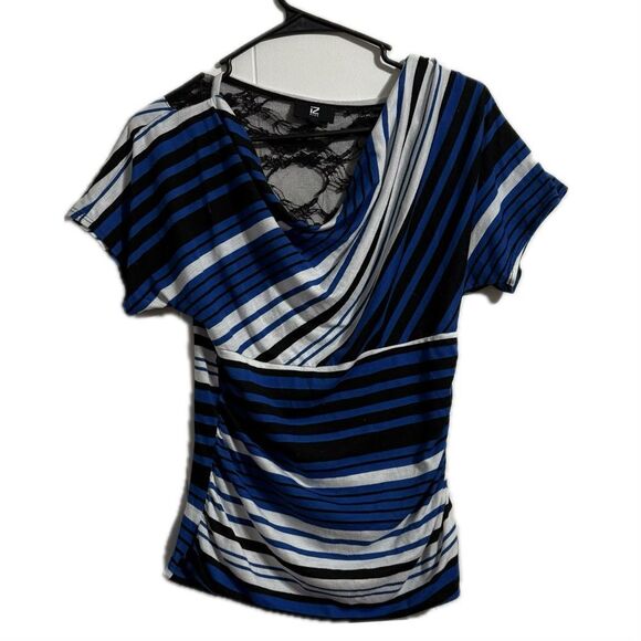 Iz Byer Blue and White Short Sleeve Asymmetrical Ruched Blouse - Picture 1 of 5